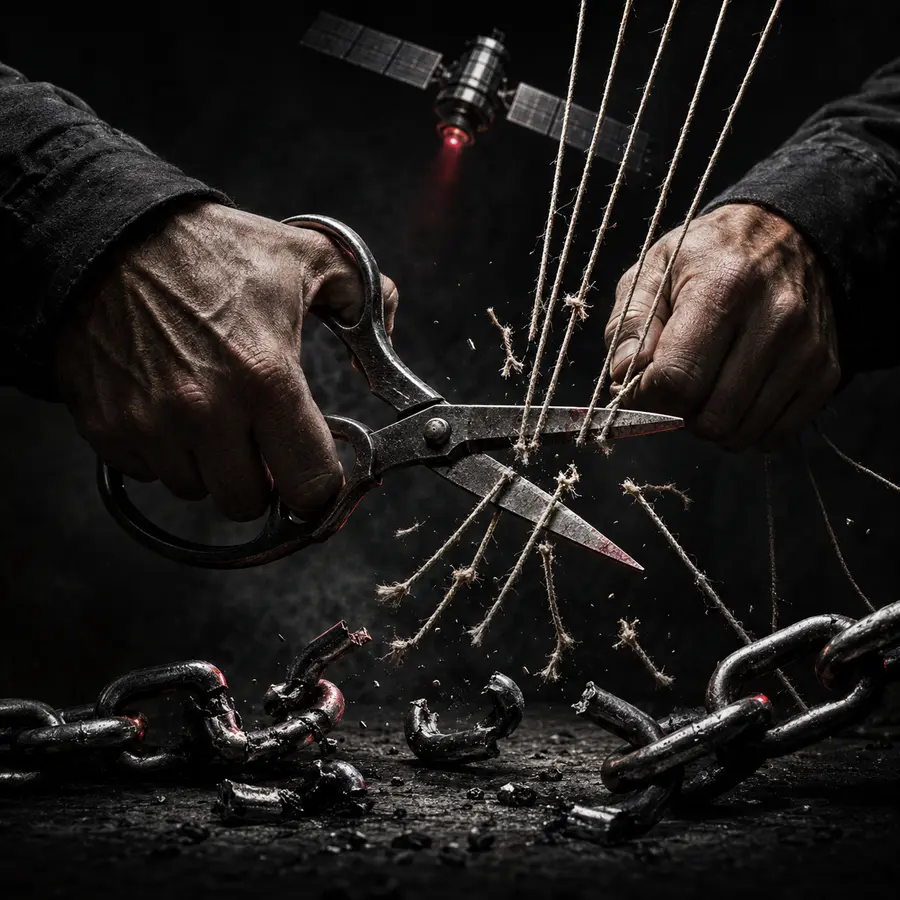Hands cutting puppet strings beneath a satellite as chain links break