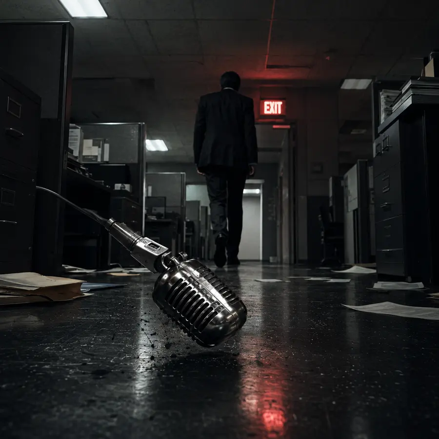 A microphone falling in a government office as a suited figure walks toward a red exit sign