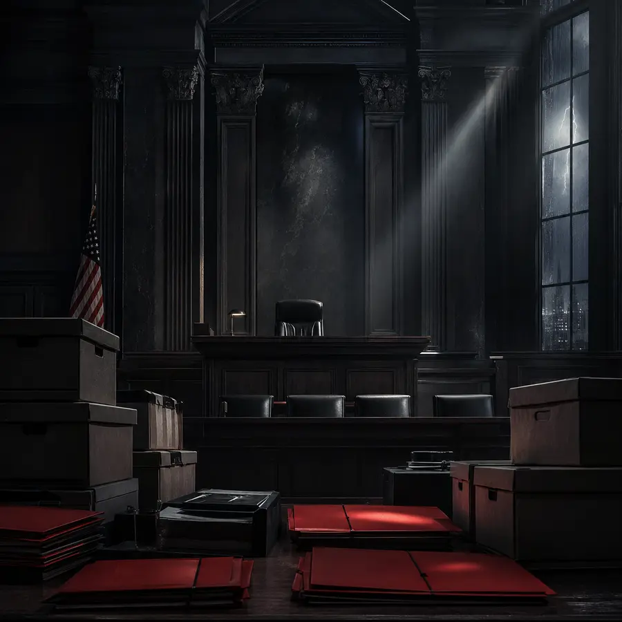 A dark federal courtroom surrounded by evidence boxes and red case folders