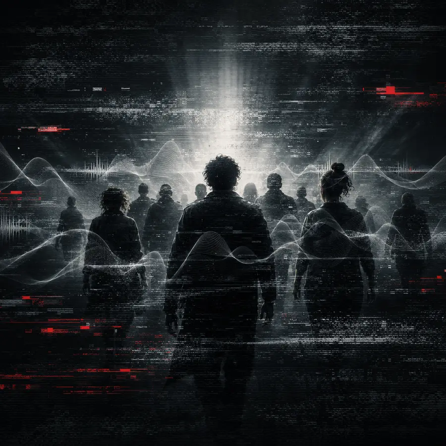 Multiple human silhouettes emerging through static and broken signal light