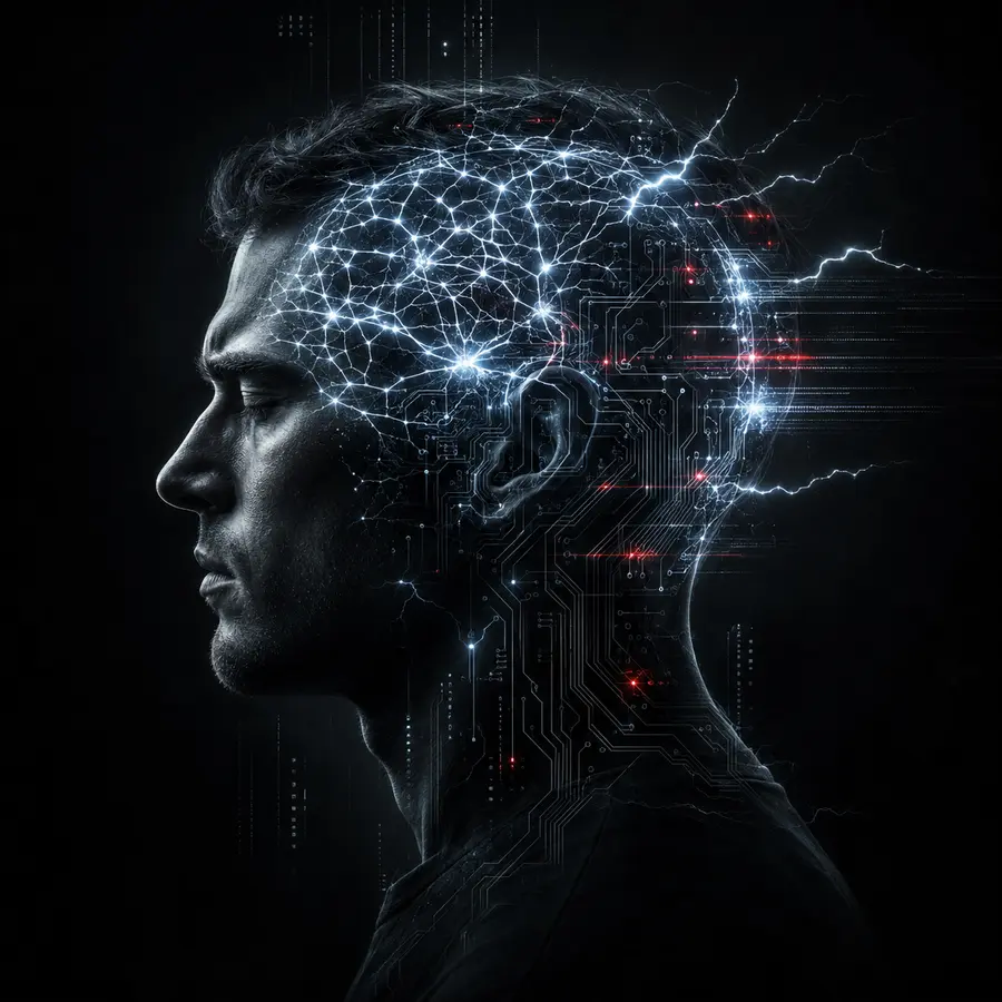 A human profile illuminated by neural circuitry and blue electrical arcs