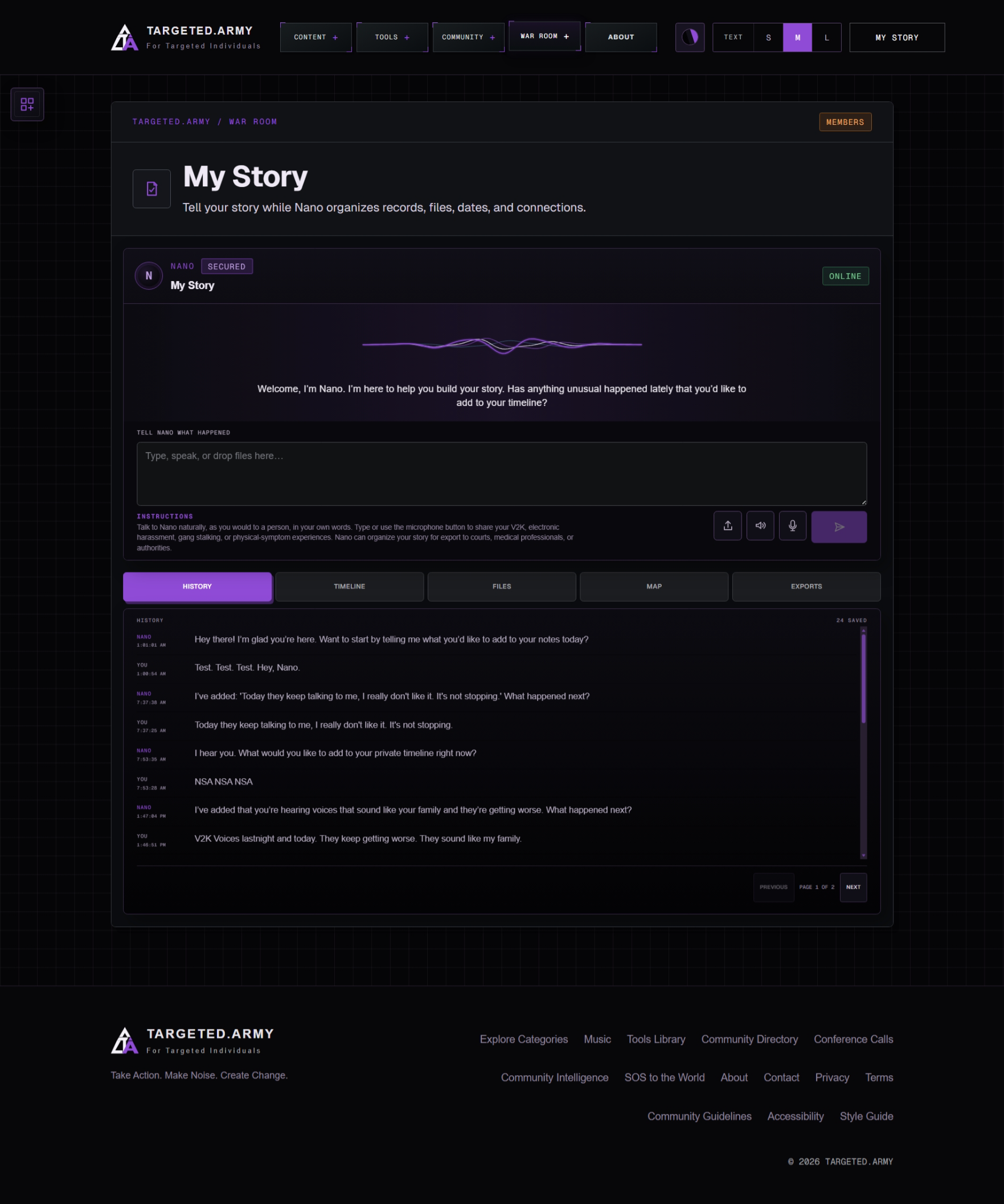 My Story History view showing a private conversation with Nano