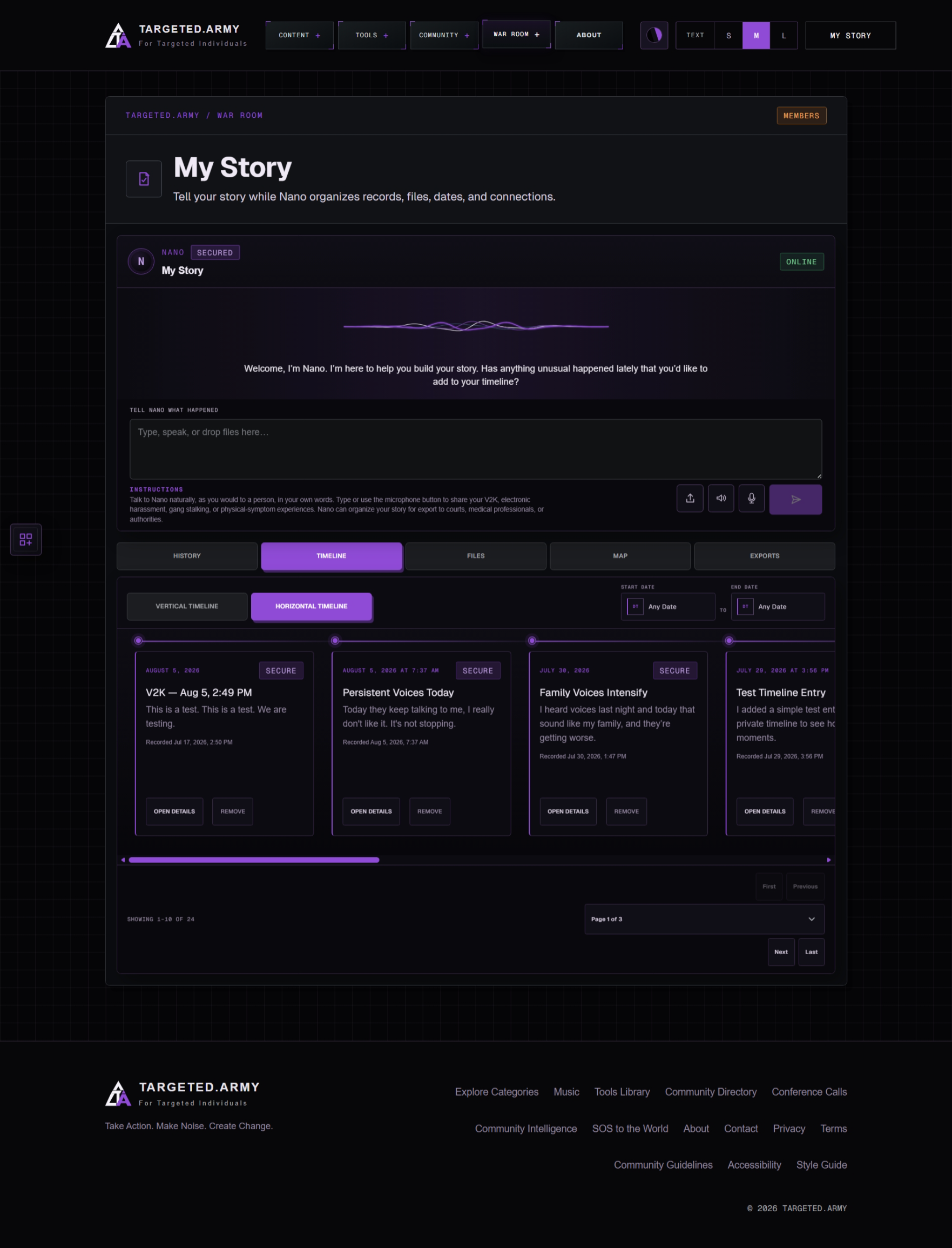 My Story Timeline view showing private story entries in chronological cards